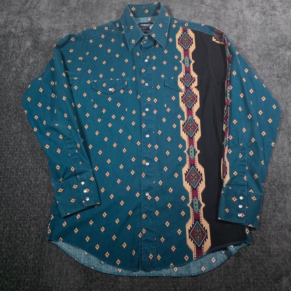 Vtg Wrangler Cowboy Cut Western Pearl Snap Shirt Mens 16-34 Teal Geometric Aztec